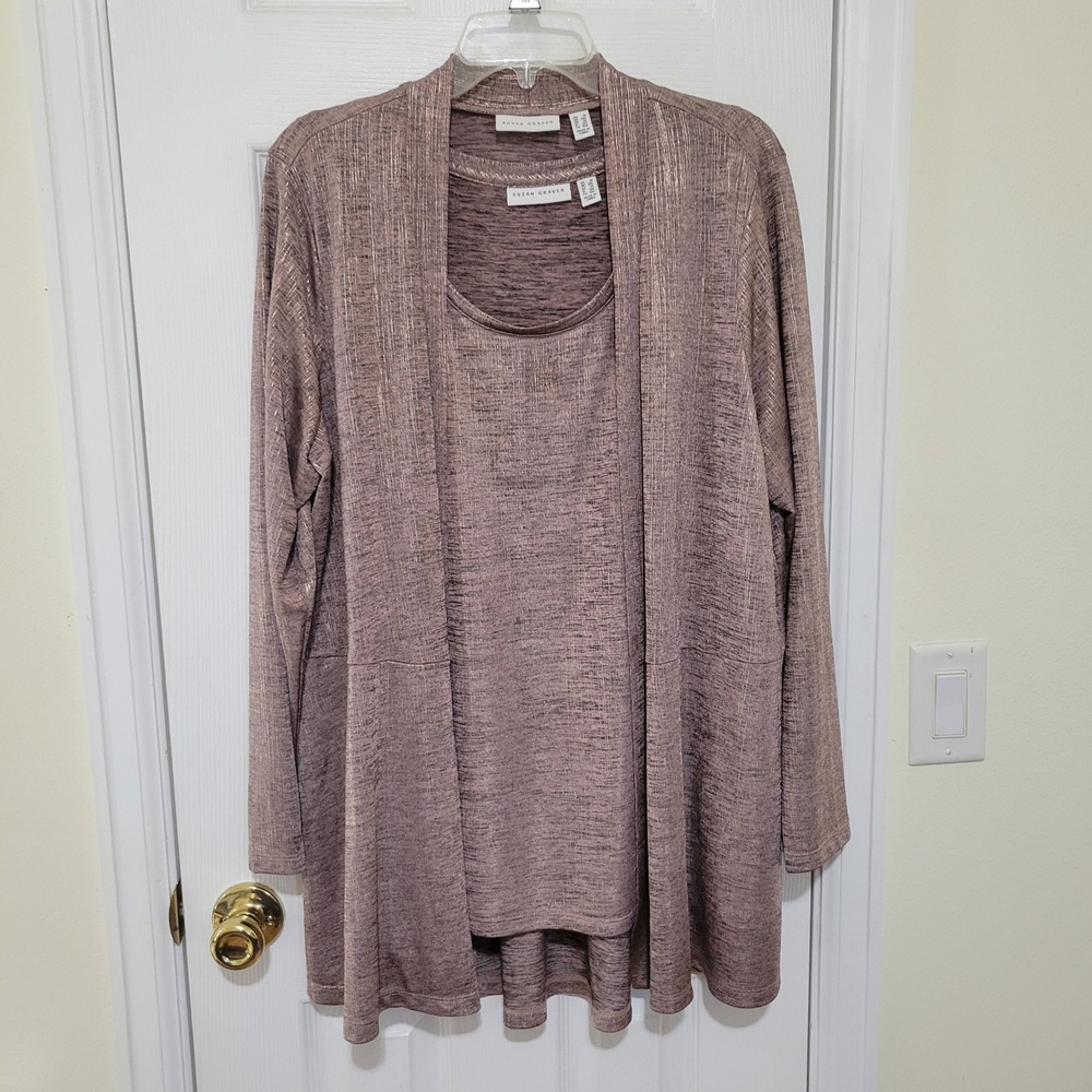 Susan Graver Womens 1X Rose Gold Metallic Knit Cardigan and Tank Top Twin Set